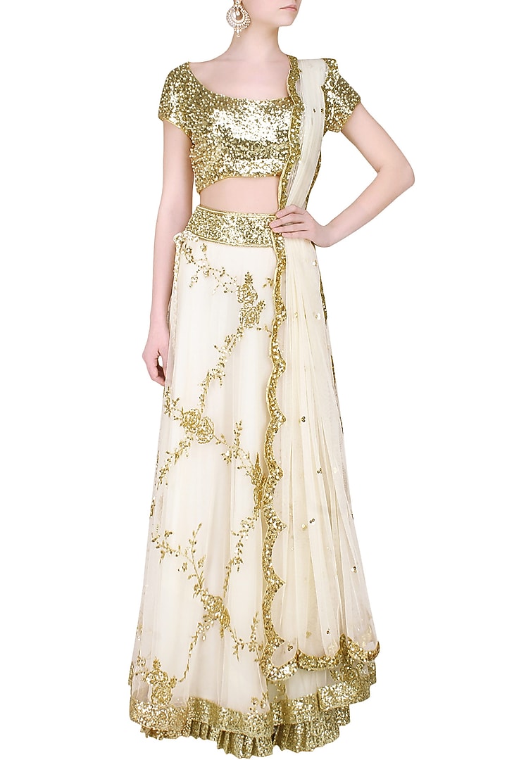 Ivory and gold pearl embroidered lehenga set available only at Pernia's Pop Up Shop.