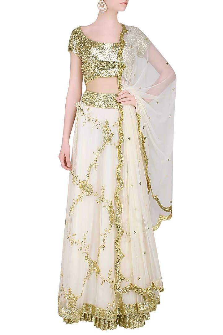 Ivory and gold pearl embroidered lehenga set available only at Pernia's Pop Up Shop.