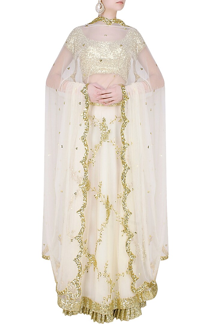 Ivory and gold pearl embroidered lehenga set available only at Pernia's Pop Up Shop.