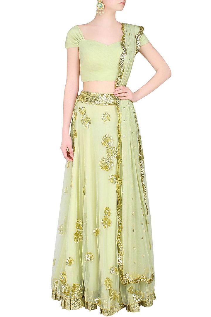 Pista green rosette embroidered lehenga set available only at Pernia's Pop Up Shop.