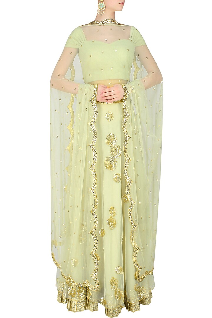 Pista green rosette embroidered lehenga set available only at Pernia's Pop Up Shop.
