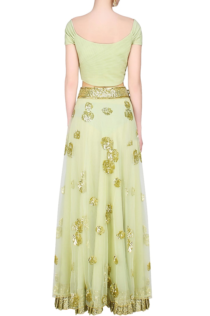 Pista green rosette embroidered lehenga set available only at Pernia's Pop Up Shop.
