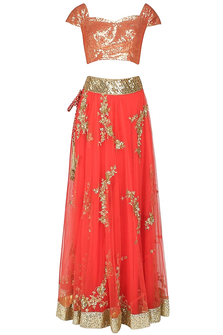 Tomato red cutdaana embroidered lehenga set available only at Pernia's Pop Up Shop.