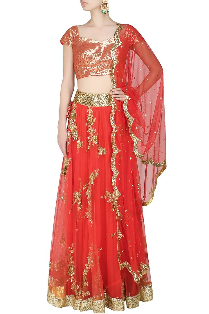 Tomato red cutdaana embroidered lehenga set available only at Pernia's Pop Up Shop.