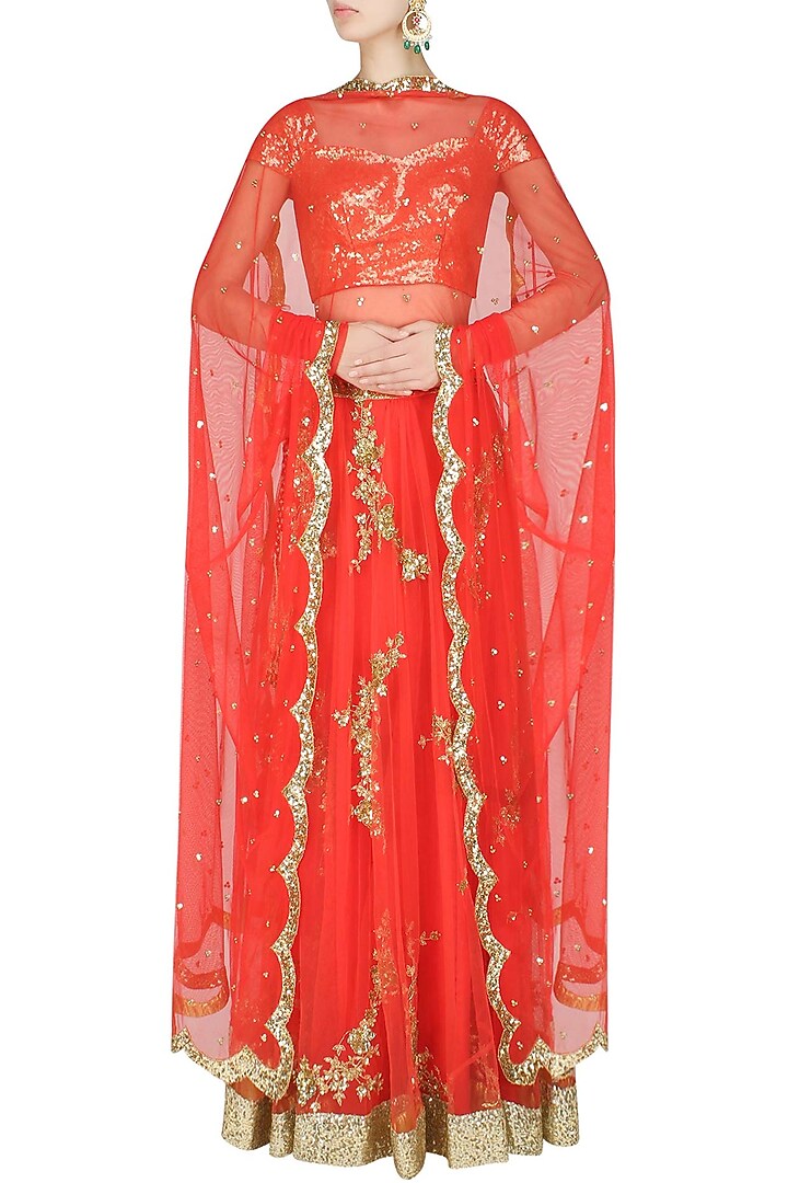 Tomato red cutdaana embroidered lehenga set available only at Pernia's Pop Up Shop.