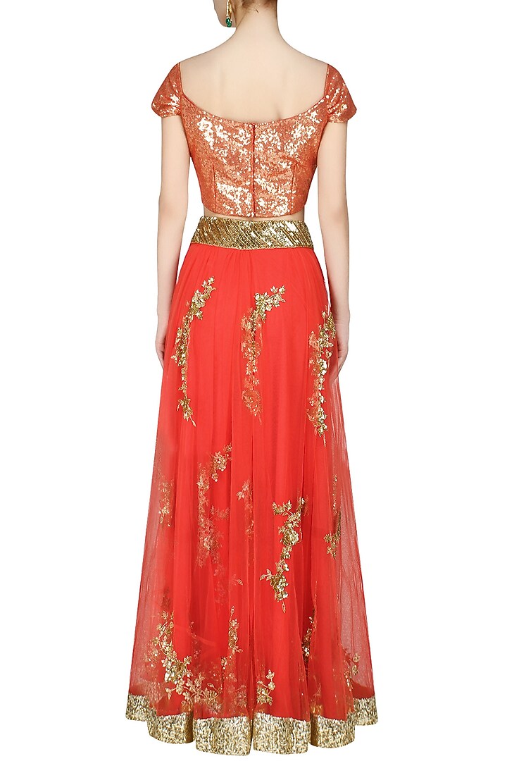 Tomato red cutdaana embroidered lehenga set available only at Pernia's Pop Up Shop.