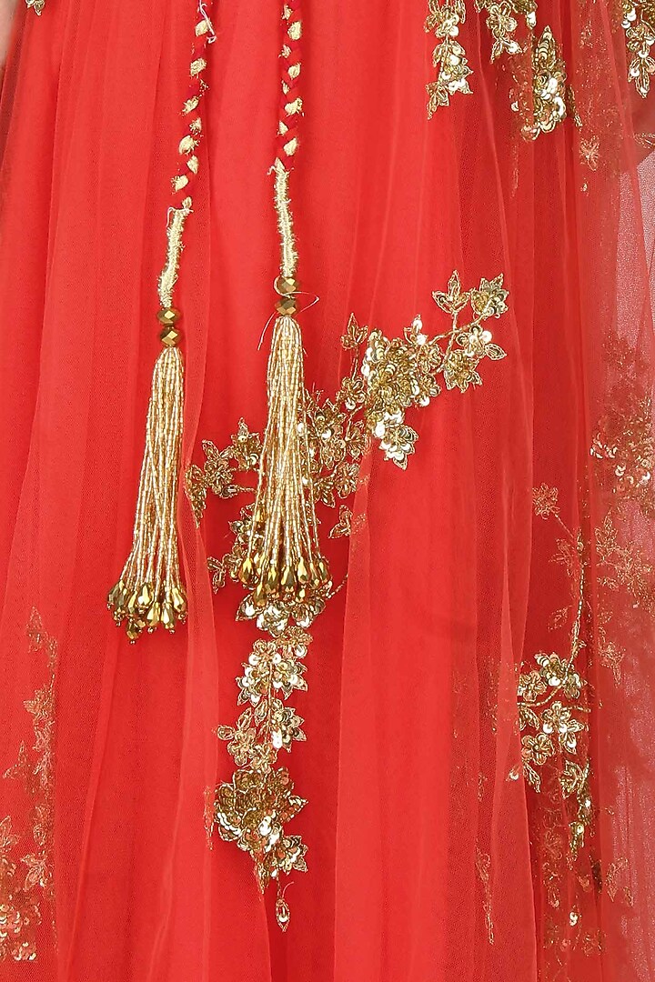 Tomato red cutdaana embroidered lehenga set available only at Pernia's Pop Up Shop.