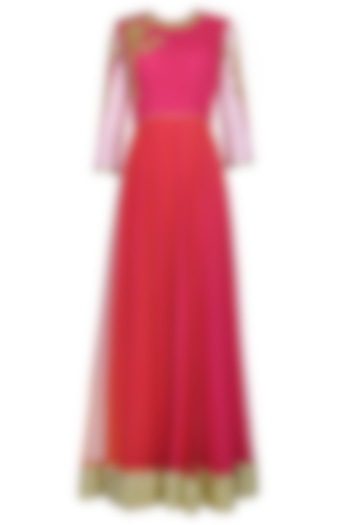 Pink and red floral embroidered anarkali set available only at Pernia's Pop Up Shop.