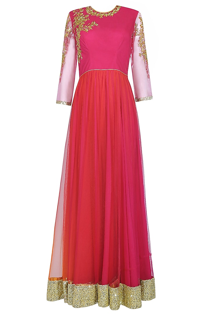 Pink and red floral embroidered anarkali set available only at Pernia's Pop Up Shop.