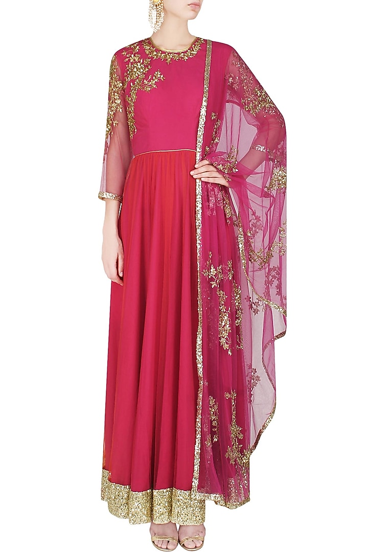 Pink and red floral embroidered anarkali set available only at Pernia's Pop Up Shop.
