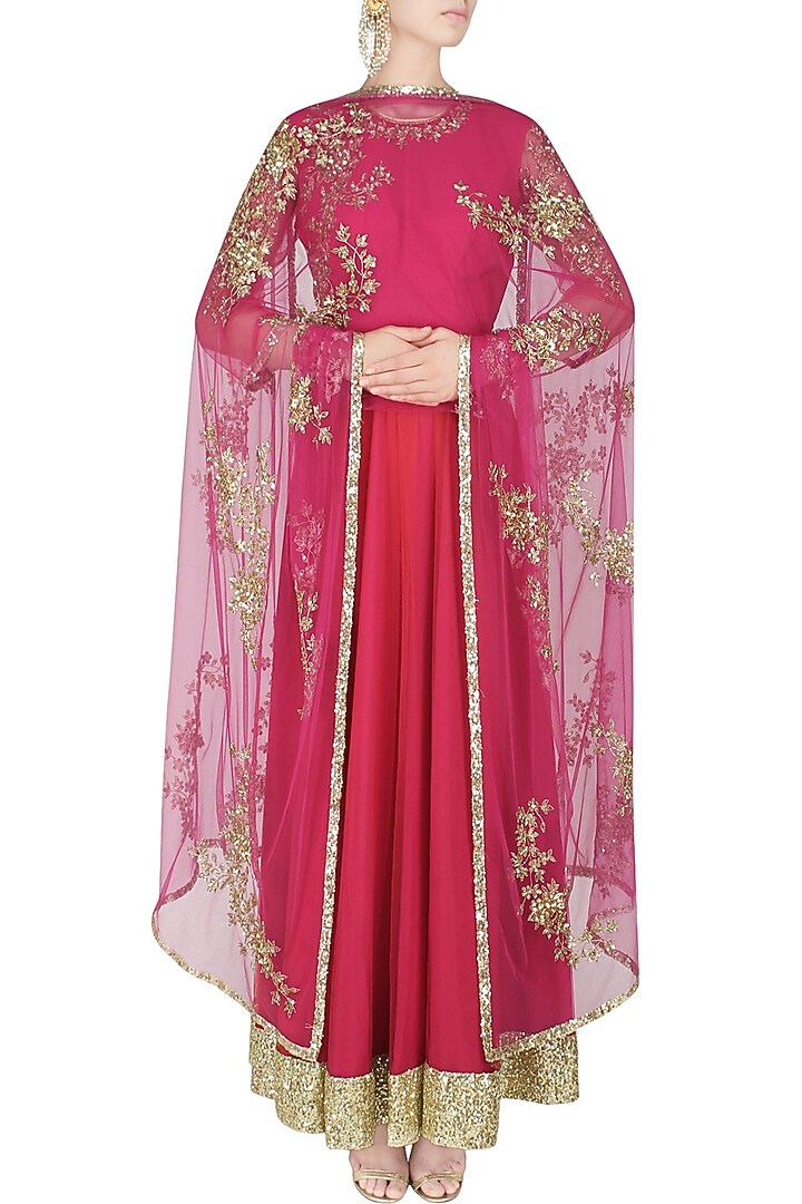 Pink and red floral embroidered anarkali set available only at Pernia's Pop Up Shop.
