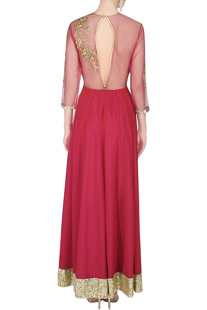 Pink and red floral embroidered anarkali set available only at Pernia's Pop Up Shop.