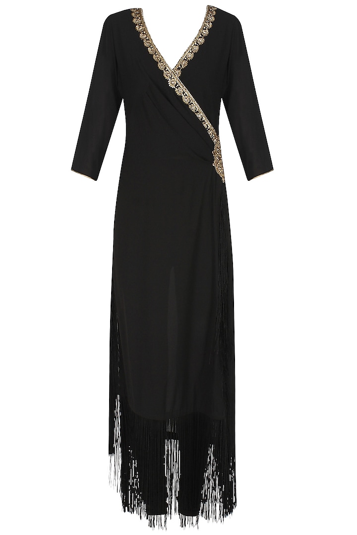 Black Double Layered Fringed Tunic by Seema Khan