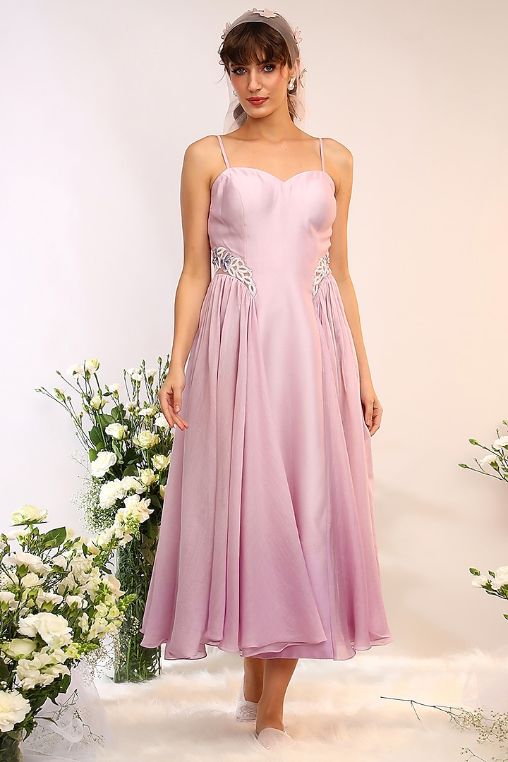 Berry Purple Chanderi Silk Hand & Machine Embroidered Midi Cocktail Dress by Sakshi Khetterpal at Pernia's Pop Up Shop