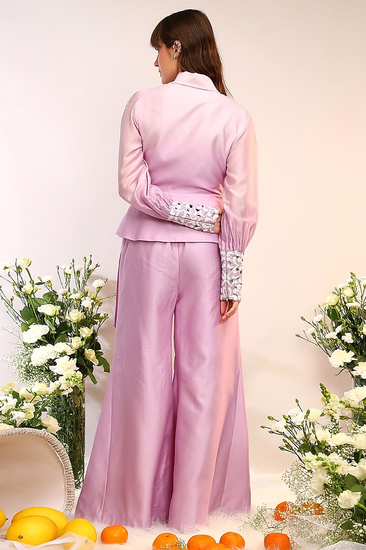 Berry Purple Chanderi Silk Hand & Machine Embroidered Blazer Set by Sakshi Khetterpal at Pernia's Pop Up Shop