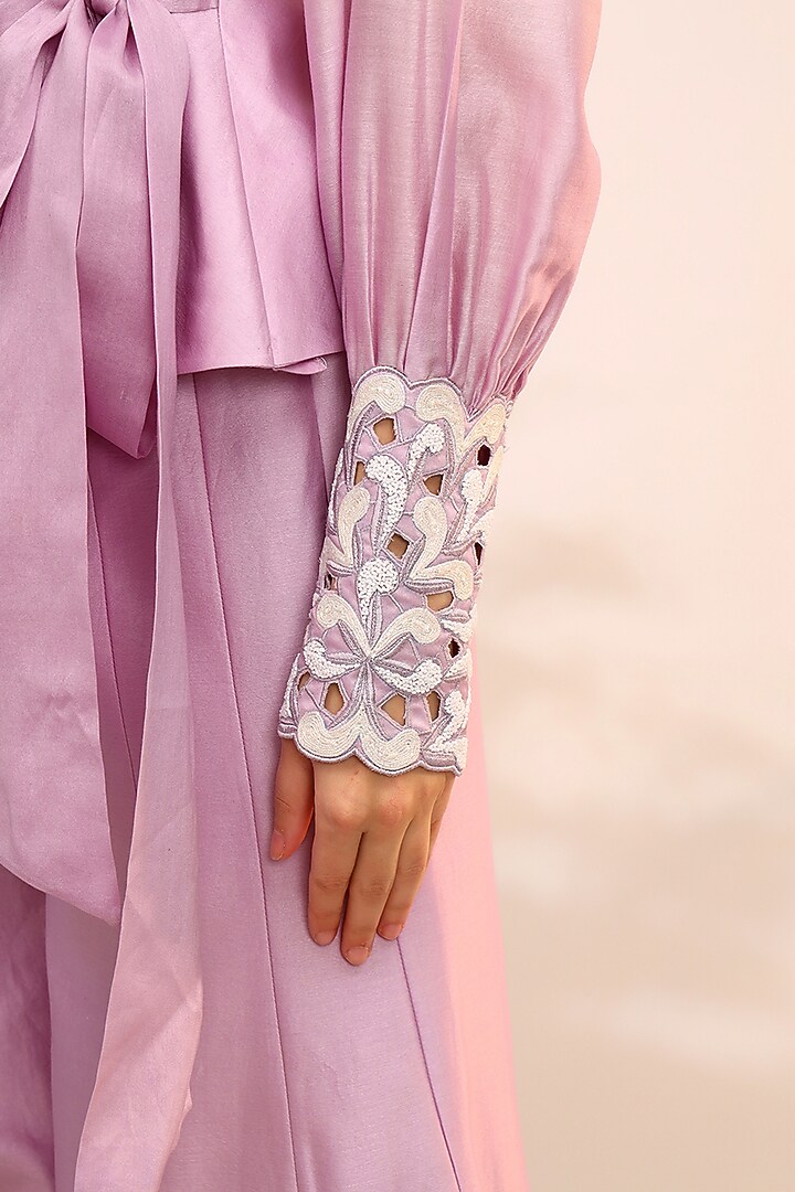 Berry Purple Chanderi Silk Hand & Machine Embroidered Blazer Set by Sakshi Khetterpal at Pernia's Pop Up Shop