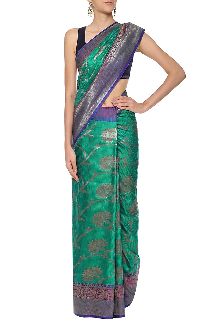 Emerald green handwoven banarsi saree set available only at Pernia's Pop Up Shop.