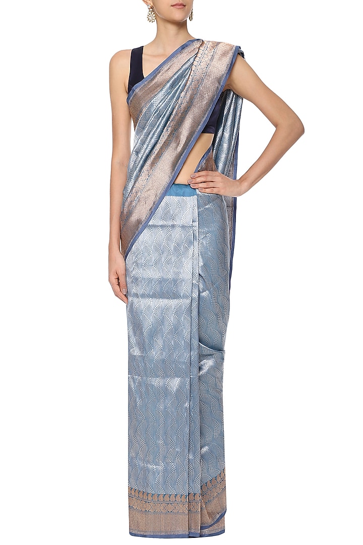 Midnight blue handwoven banarsi saree set available only at Pernia's Pop Up Shop.