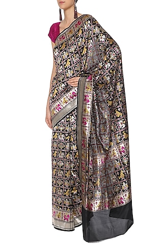 Black Handwoven Banarsi Cutwork Saree Set by Shivangi Kasliwaal