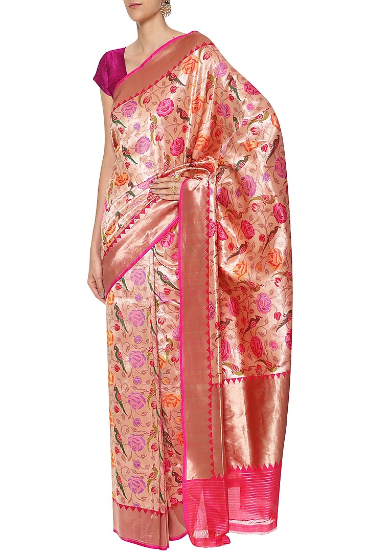 Gold handwoven kadhua banarsi saree set available only at Pernia's Pop Up Shop.
