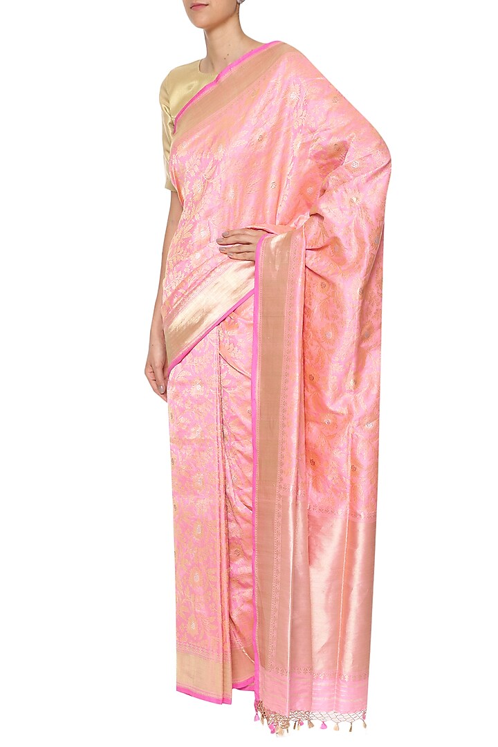 Baby pink handwoven banarsi saree set available only at Pernia's Pop Up Shop.