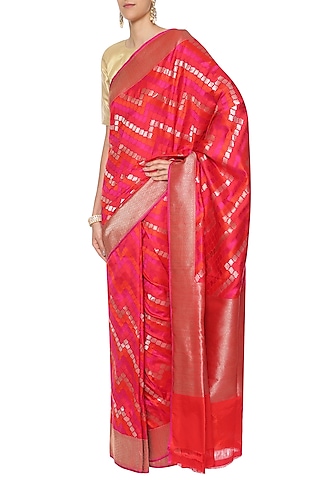 Hot Pink Hadwoven Kadhua Banarsi Saree Set by Shivangi Kasliwaal
