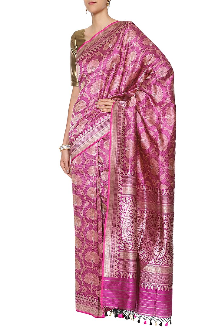 Magenta pink handwoven banarsi saree set available only at Pernia's Pop Up Shop.