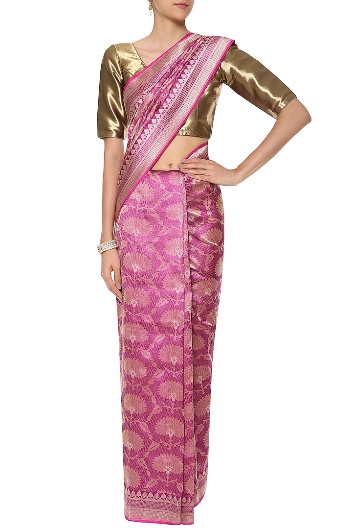 Magenta pink handwoven banarsi saree set available only at Pernia's Pop Up Shop.