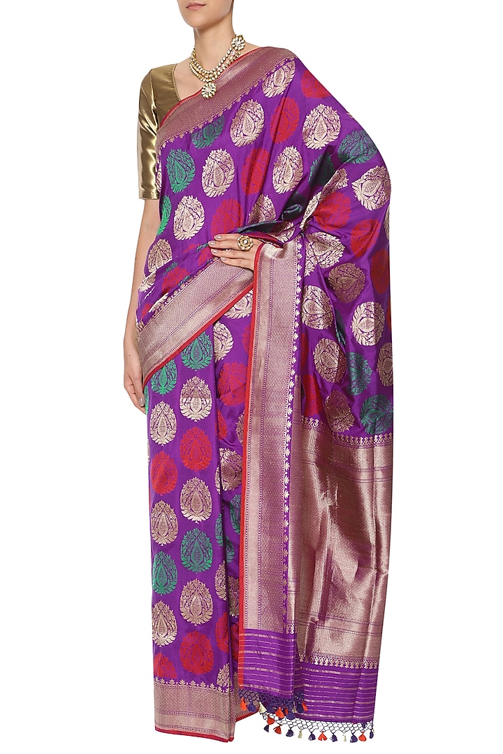 Purple handwoven kadhua banarsi saree set available only at Pernia's Pop Up Shop.