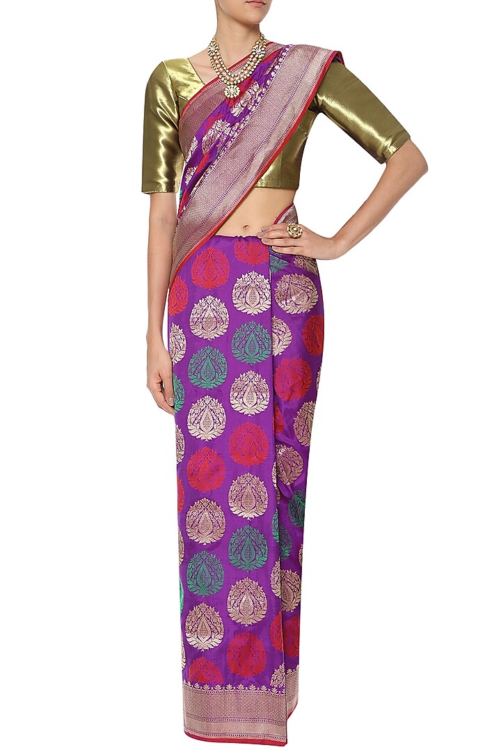 Purple handwoven kadhua banarsi saree set available only at Pernia's Pop Up Shop.