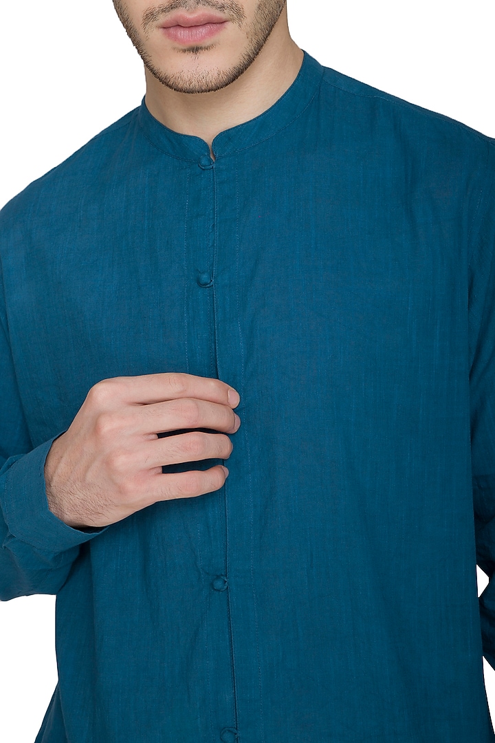 Cobalt Blue Kurta Style Party Wear Shirt by Shikha Malik Men at Pernia's Pop Up Shop