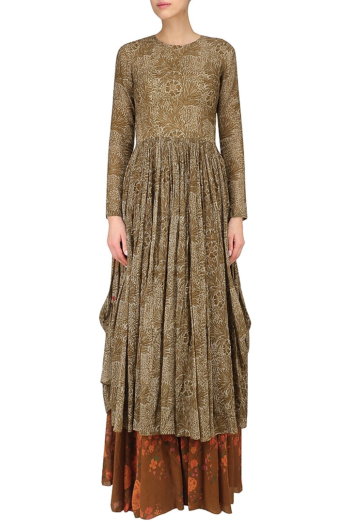 Brown leaf brint anarkali and floral gypsy skirt set available only at Pernia's Pop Up Shop.