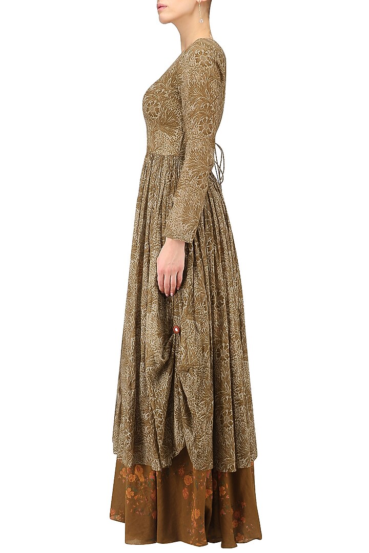 Brown leaf brint anarkali and floral gypsy skirt set available only at Pernia's Pop Up Shop.