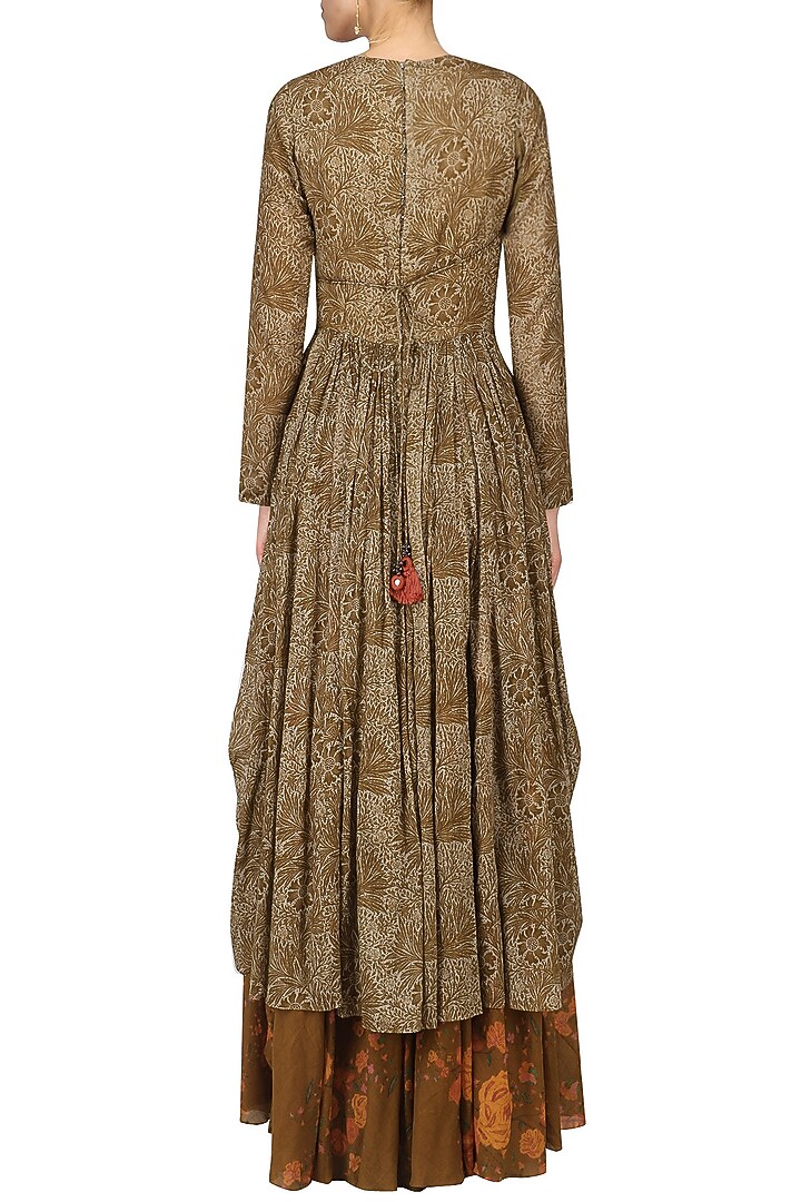 Brown leaf brint anarkali and floral gypsy skirt set available only at Pernia's Pop Up Shop.