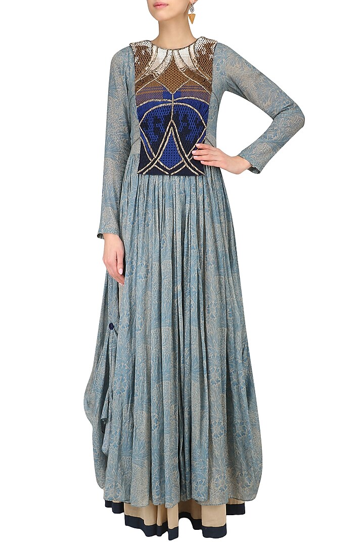 Light blue leaf print embroidered anarkali and beige palazzo set available only at Pernia's Pop Up Shop.