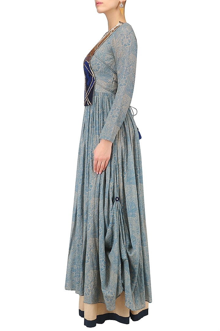 Light blue leaf print embroidered anarkali and beige palazzo set available only at Pernia's Pop Up Shop.