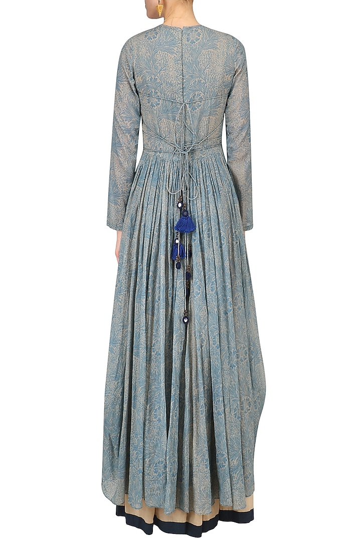 Light blue leaf print embroidered anarkali and beige palazzo set available only at Pernia's Pop Up Shop.