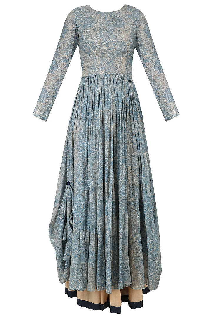 Light blue leaf print embroidered anarkali and beige palazzo set available only at Pernia's Pop Up Shop.