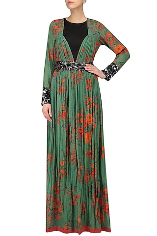 Green and Red Berry Floral Print Cape Jacket and Black Sleeveless Jumpsuit Set by Saaksha & Kinni