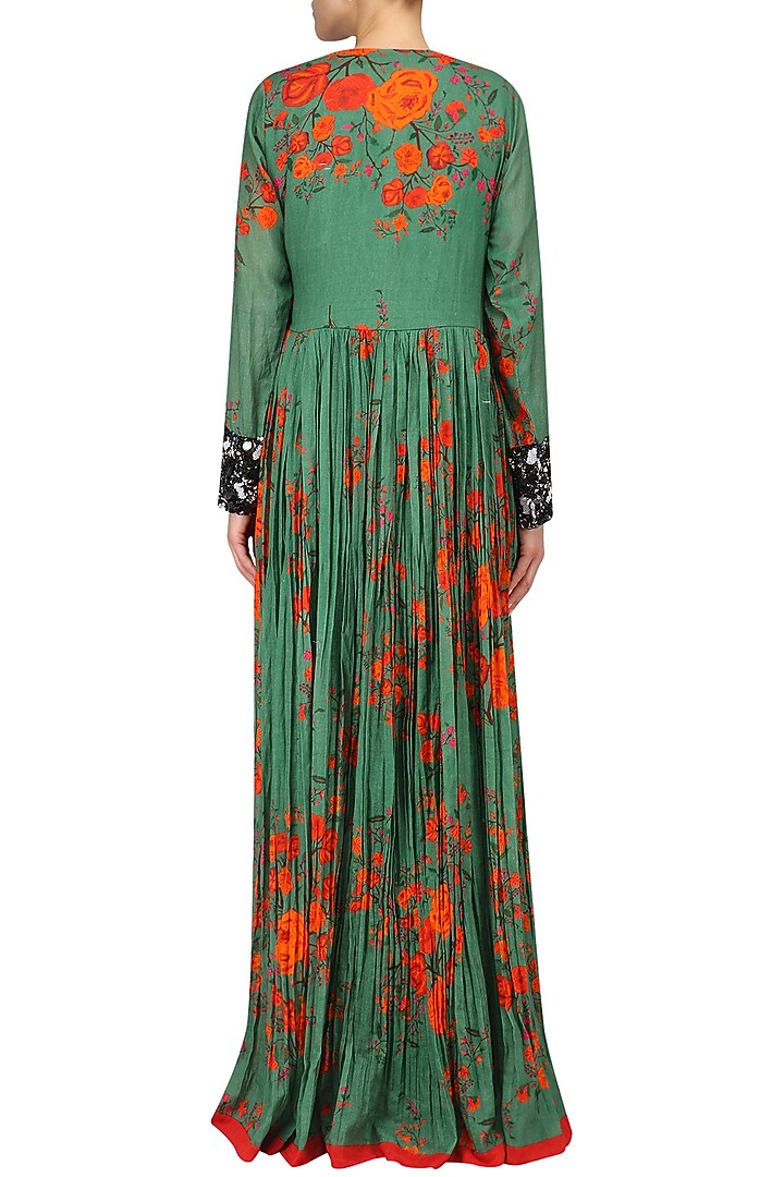 Green and red berry floral print cape jacket and black sleeveless jumpsuit set available only at Pernia's Pop Up Shop.