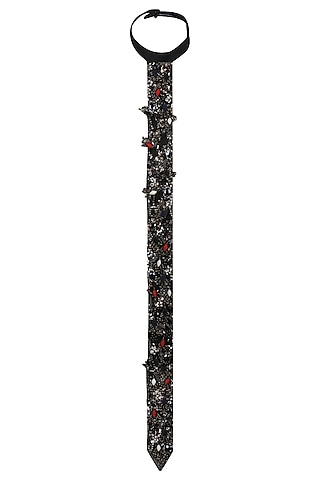 Black Zardozi Embroidered Long Tie by Saaksha & Kinni