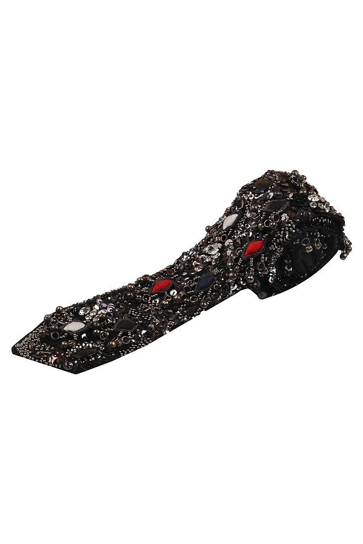 Black zardozi embroidered long tie available only at Pernia's Pop Up Shop.