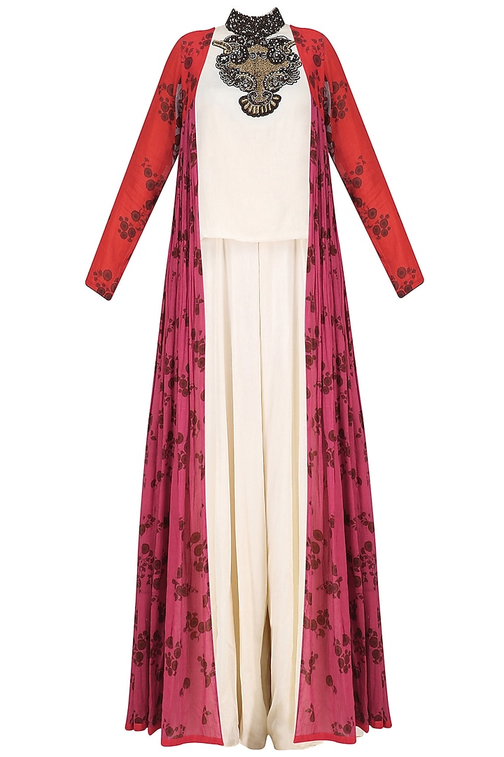 White Zardosi Embroidered Jumpsuit with Red and Pink Jacket by Saaksha & Kinni