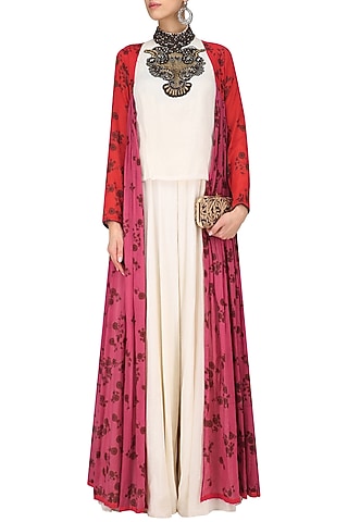 White Zardosi Embroidered Jumpsuit with Red and Pink Jacket by Saaksha & Kinni