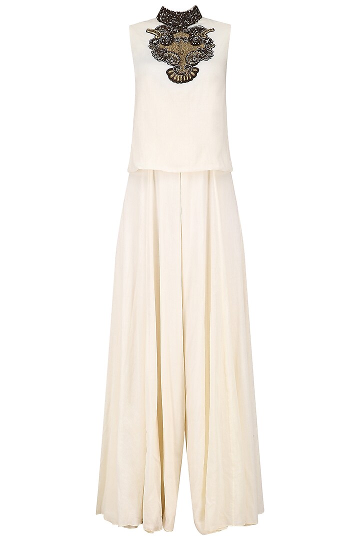 White zardosi embroidered jumpsuit with red and pink jacket available only at Pernia's Pop Up Shop.
