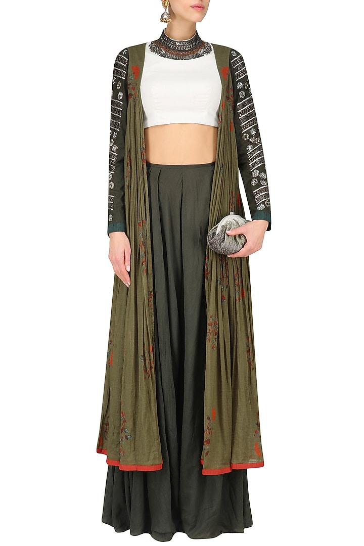 Mehendi coins and zardosi work jacket with white crop top and palazzos available only at Pernia's Pop Up Shop.