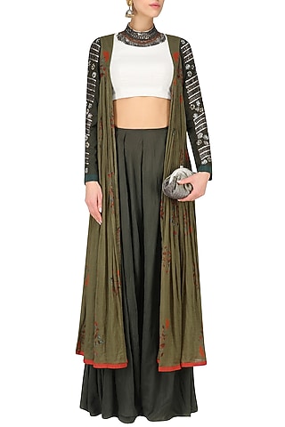 Mehendi Coins and Zardosi Work Jacket with White Crop Top and Palazzos by Saaksha & Kinni