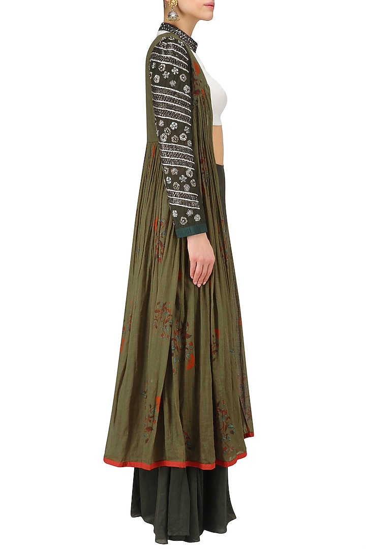 Mehendi coins and zardosi work jacket with white crop top and palazzos available only at Pernia's Pop Up Shop.