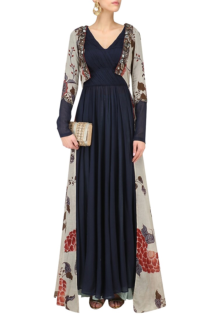 Midnight blue anarkali with sky blue printed Jacket available only at Pernia's Pop Up Shop.