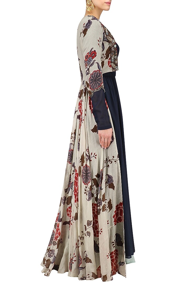Midnight blue anarkali with sky blue printed Jacket available only at Pernia's Pop Up Shop.